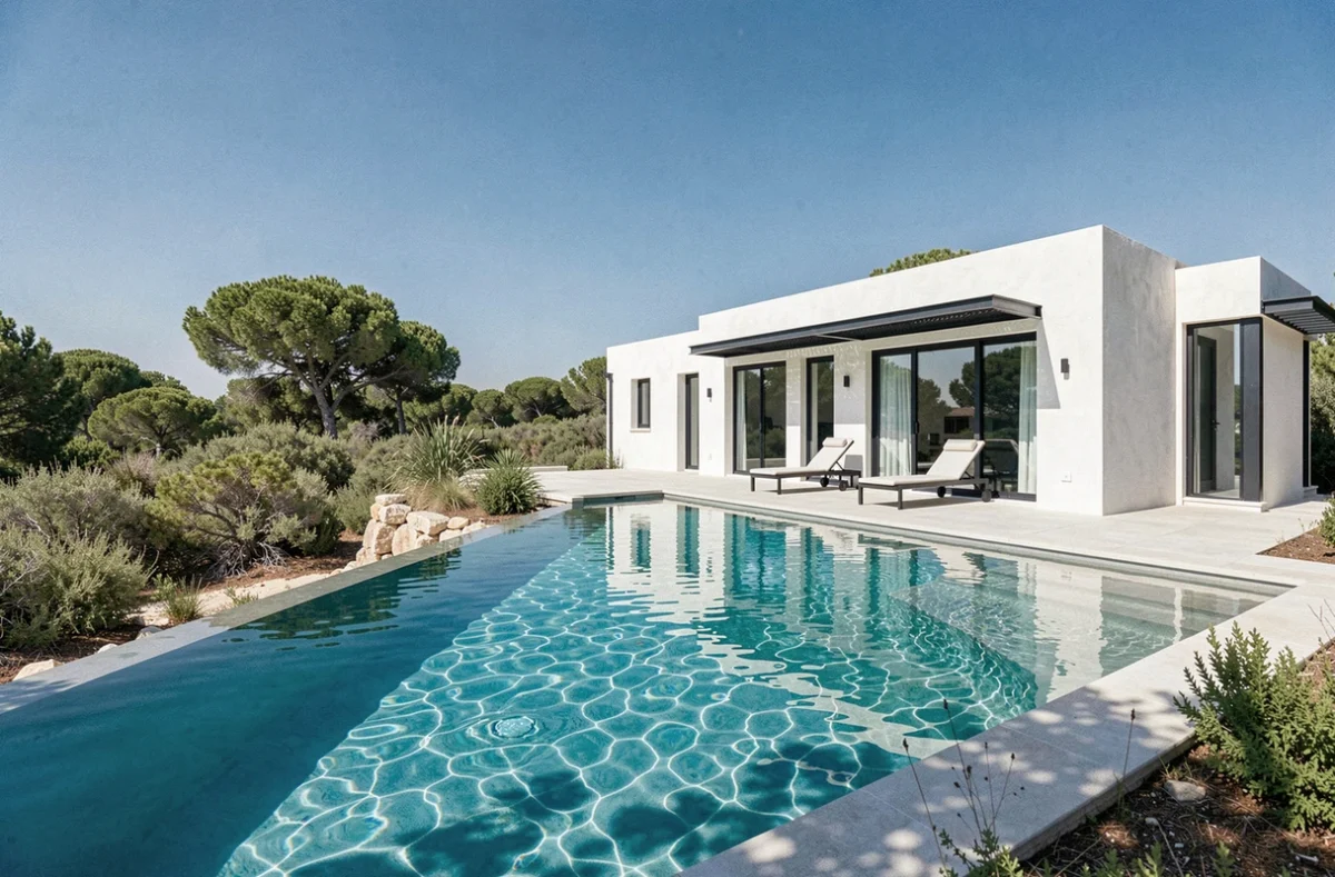 H2O Chambres d'Hôtes avec piscine à débordement contemporaine reflétant la garrigue et le ciel méditerranéen
