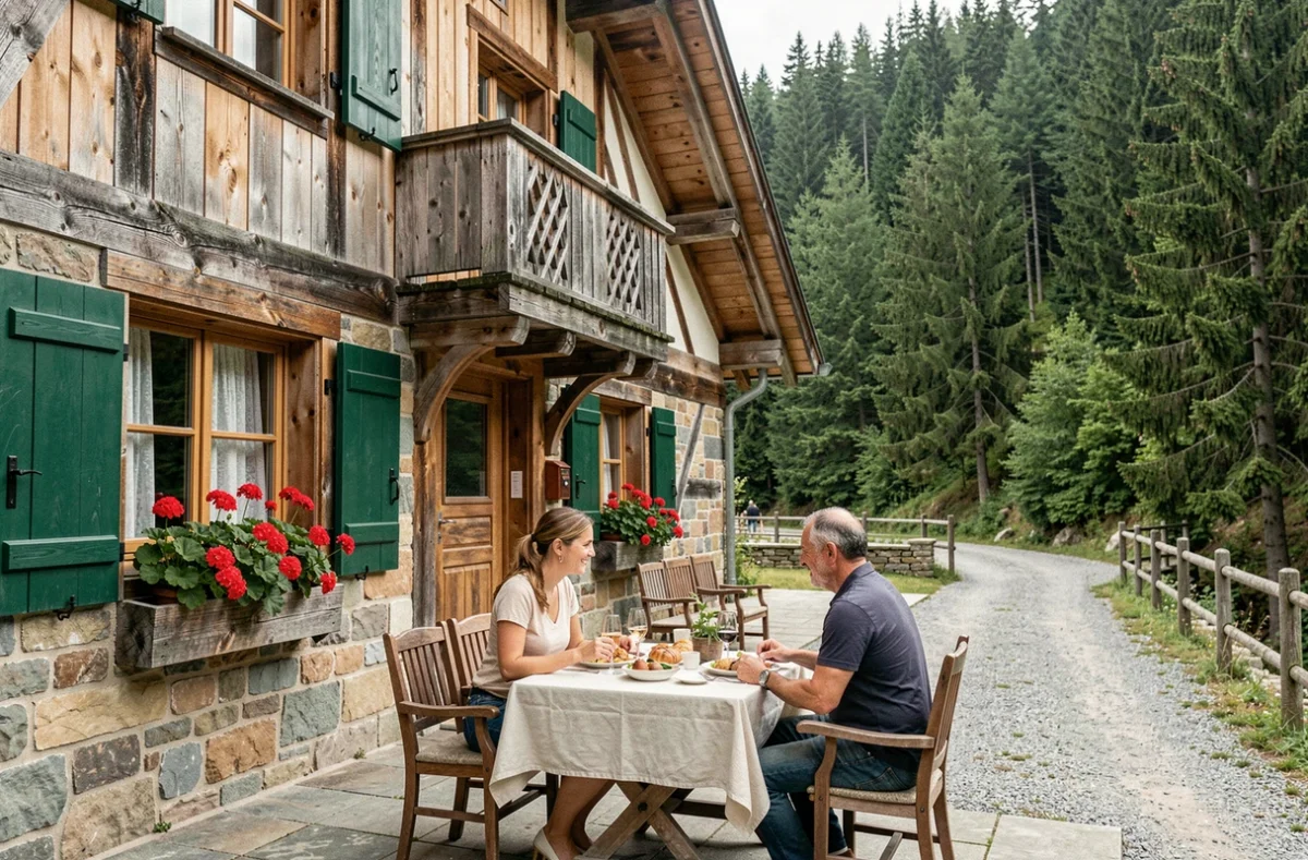 Terrasse en pierres et façade en bois de l'Hôtel-Restaurant du Donon à Grandfontaine