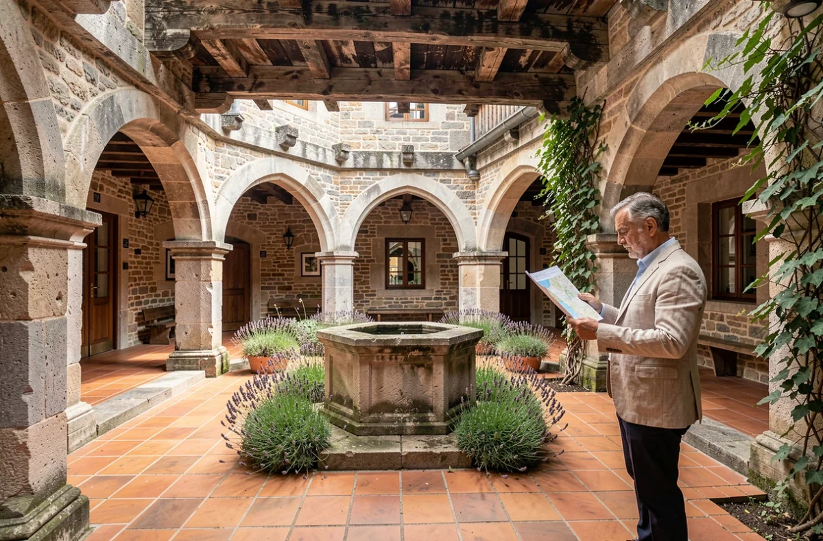 Cour intérieure avec cloître en pierre de l'Hôtellerie du Couvent à Oberbronn