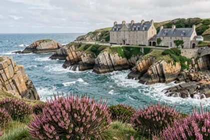 Vue panoramique d'un hôtel de luxe en pierre sur les falaises de granit de la côte bretonne avec vue sur l'océan Atlantique