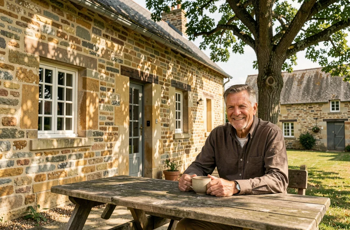 Jean Hegron, gîte en pierres apparentes de Maine-et-Loire avec grande cour ombragée par un chêne centenaire