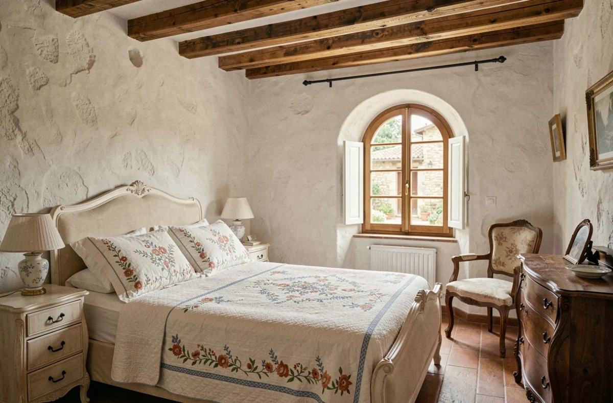 Chambre intérieure de La Pannonie avec poutres apparentes, murs en enduit blanc et mobilier provincial français ancien