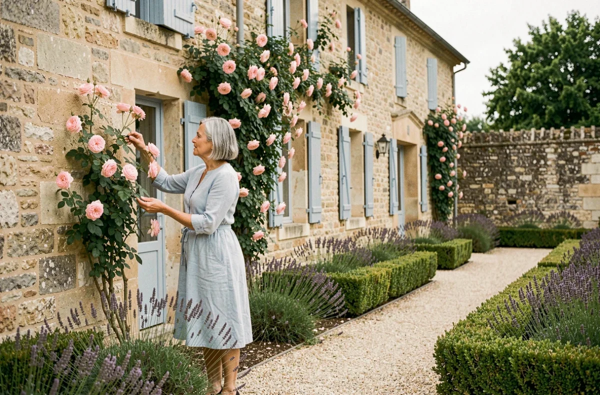Le Clos Martel, maison d'hôtes en pierre avec roses grimpantes, volets bleus et jardin clos de lavande et buis taillé