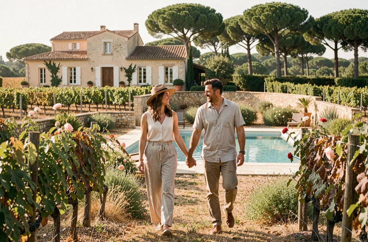 Le Mas de Sudre en Languedoc, mas restauré entouré de vignes et de pins parasols avec piscine et murets en pierre sèche