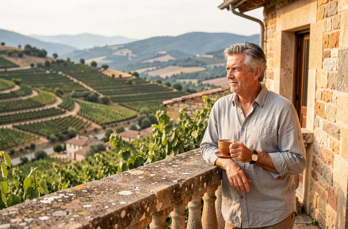 Le Soleilho, maison occitane en pierre sur colline avec terrasse donnant sur les vignes de l'Hérault