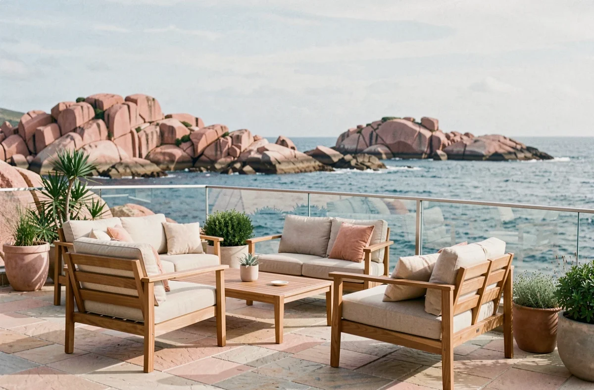 Terrasse design du boutique-hôtel Les Bassans à Perros-Guirec avec vue sur la Côte de Granit Rose