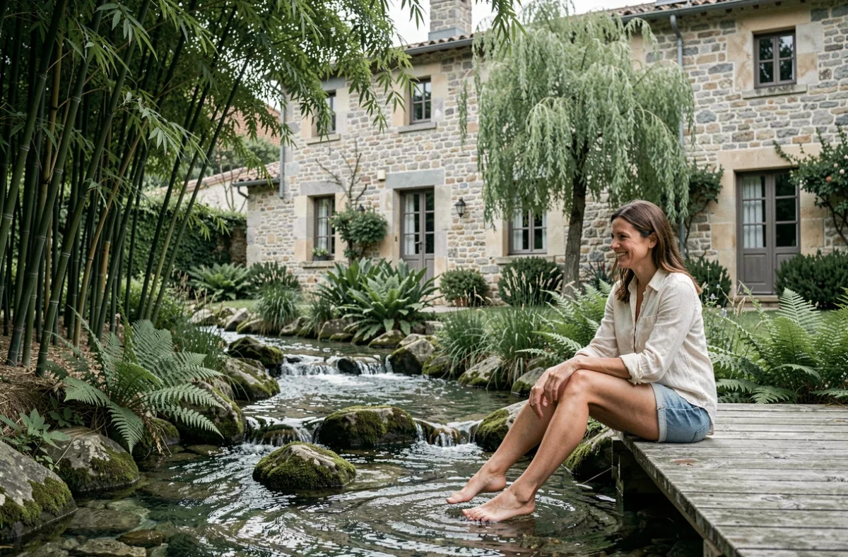 Les Ruisseaux en Occitanie, ruisseau naturel traversant un jardin ombragé de fougères et saules près d'une ferme restaurée