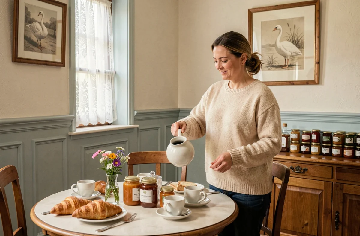Salle de petit-déjeuner chaleureuse avec croissants et café au Logis Hôtel Au Cygne