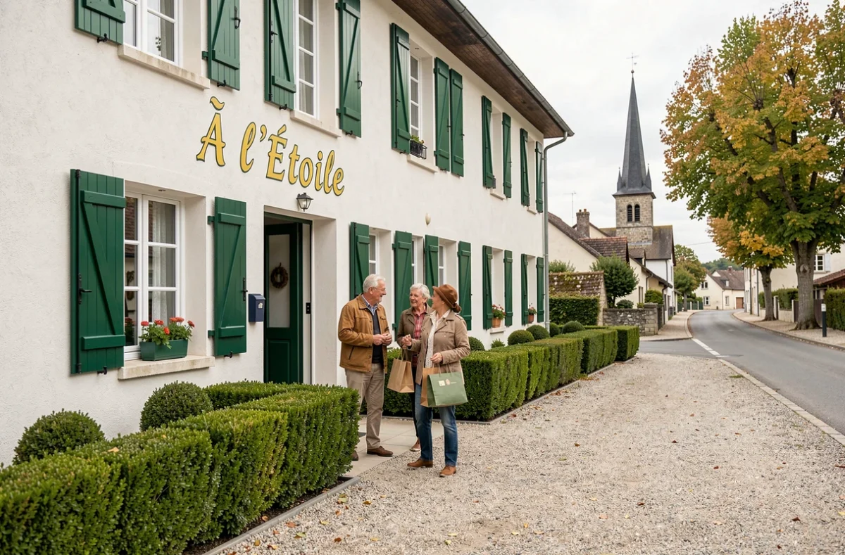 Façade blanche avec volets verts et enseigne dorée du Logis Hôtel À l'Étoile