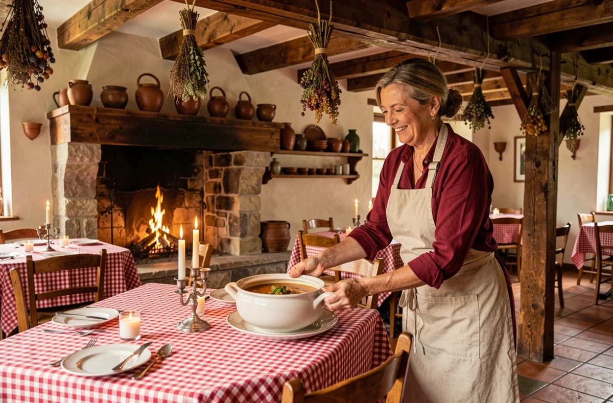 Salle à manger rustique avec cheminée en pierre du Logis Hôtel La Petite Auberge