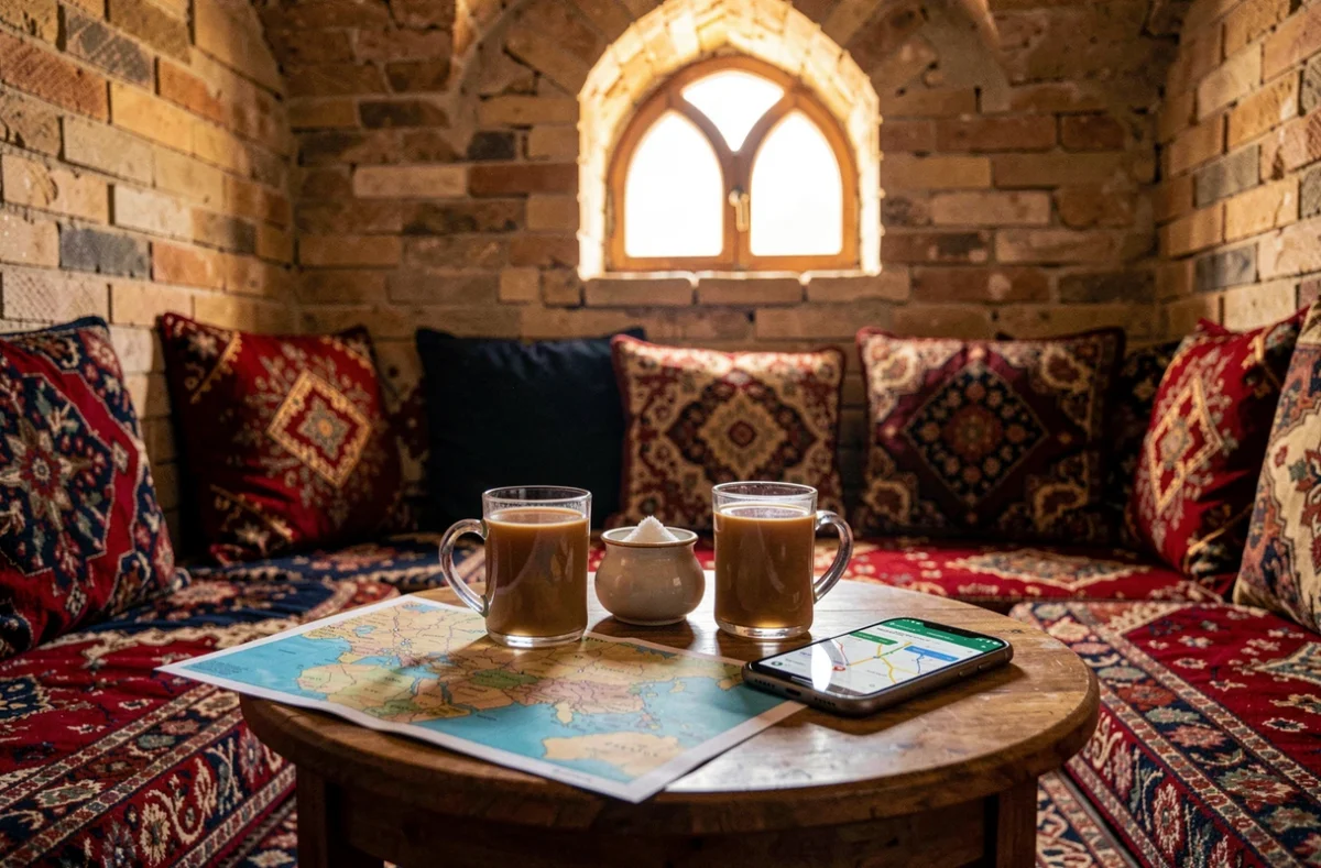 Table de maison de thé iranienne à Hamadan avec carte routière et thé pendant un road trip depuis Téhéran