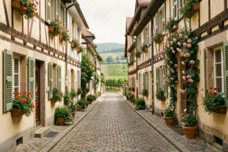 Vue pittoresque d'une rue alsacienne avec des hôtels de charme dans le Bas-Rhin