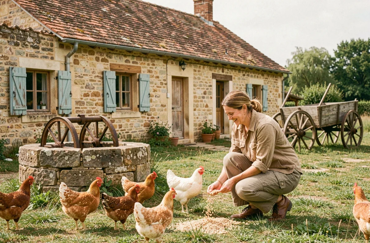 La Métairie du Bourg, longue ferme en pierre aux volets bleus passés avec puits en pierre, vieille charrette et poules en liberté dans la cour