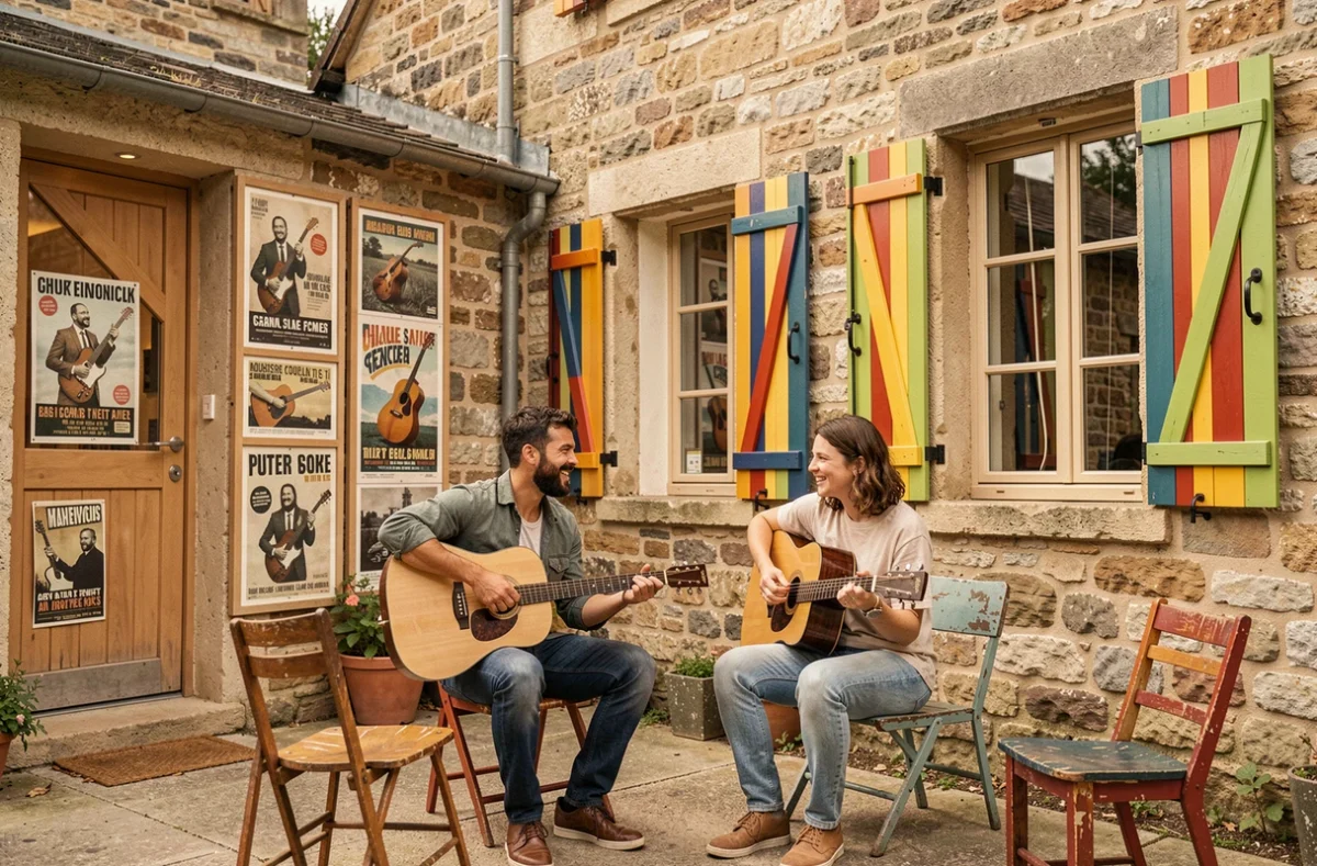 Les Music'Hôtes, gîte à thème musical dans une ancienne grange en pierre avec volets colorés et session de guitare acoustique dans la cour