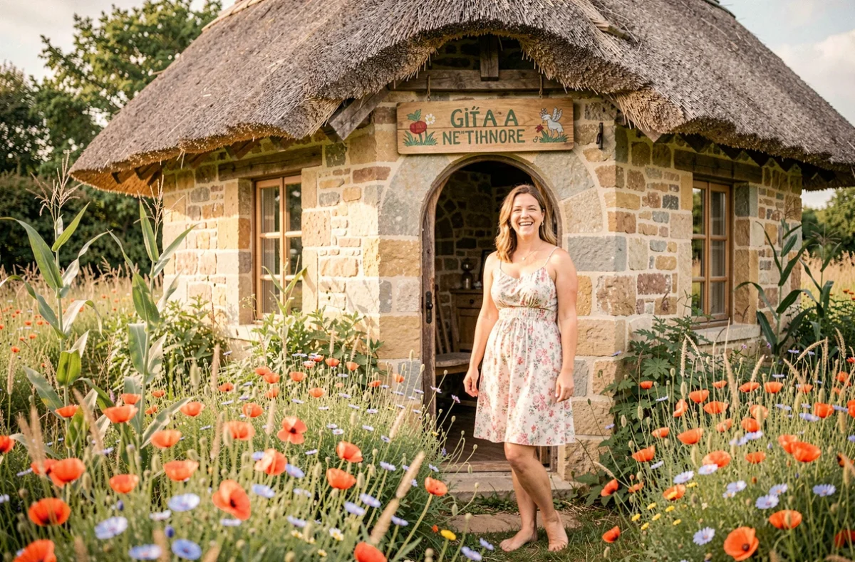 Le Nid d'Omer, petit gîte en pierre au toit de chaume entouré d'un jardin de prairie sauvage avec coquelicots et bleuets