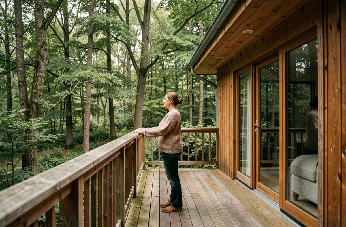 L'Orée des Bois, chalet en bois avec grande terrasse donnant sur une forêt de chênes et de châtaigniers en Pays de la Loire