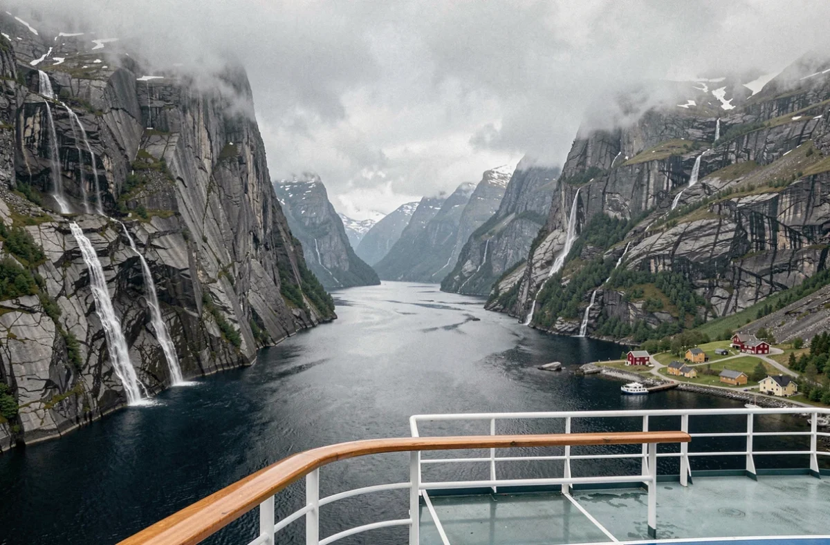 Vue panoramique sur les falaises et cascades des fjords norvégiens depuis un bateau de croisière