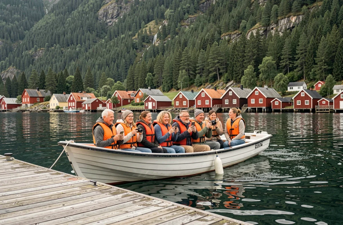 Passagers d'une croisière débarquant en annexe dans un village pittoresque des fjords de Norvège