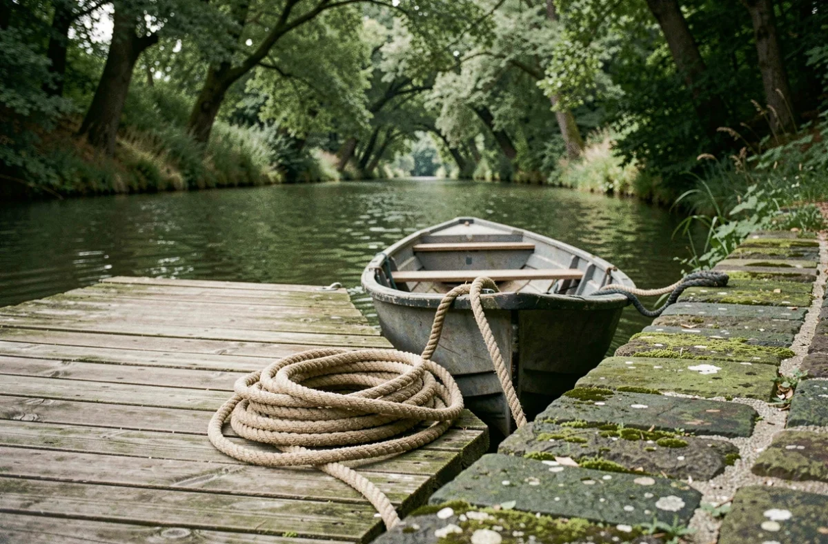 Ponton en bois avec barque amarrée sur le canal de Chanaz au cœur de la nature savoyarde