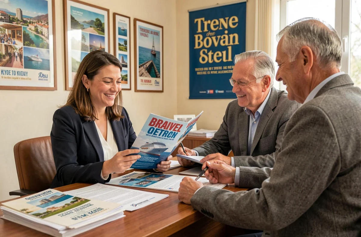 Agente de voyage conseillant un couple pour réserver une place sur la croisière Claude François