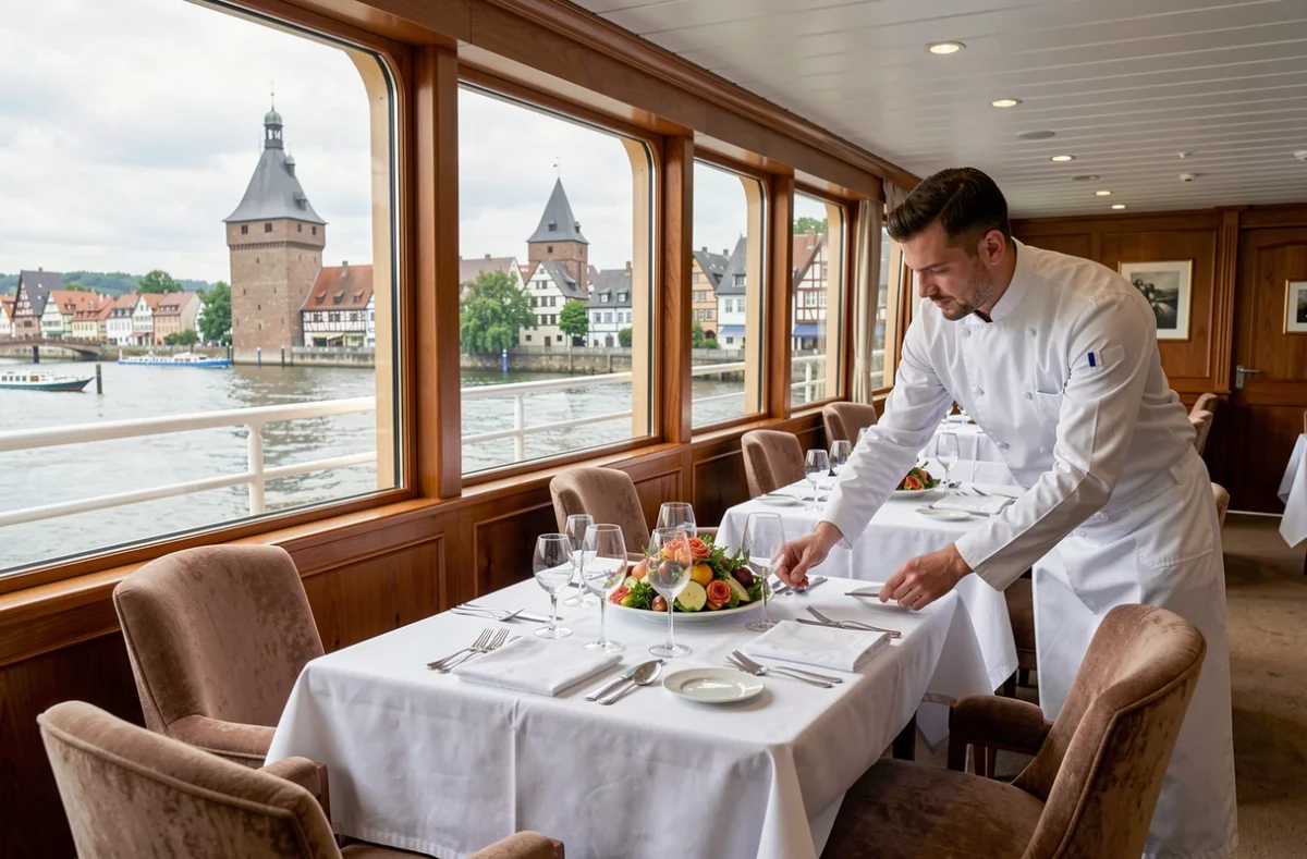 Salle de restaurant élégante à bord d'un bateau de croisière sur le Rhin avec vue panoramique sur les berges