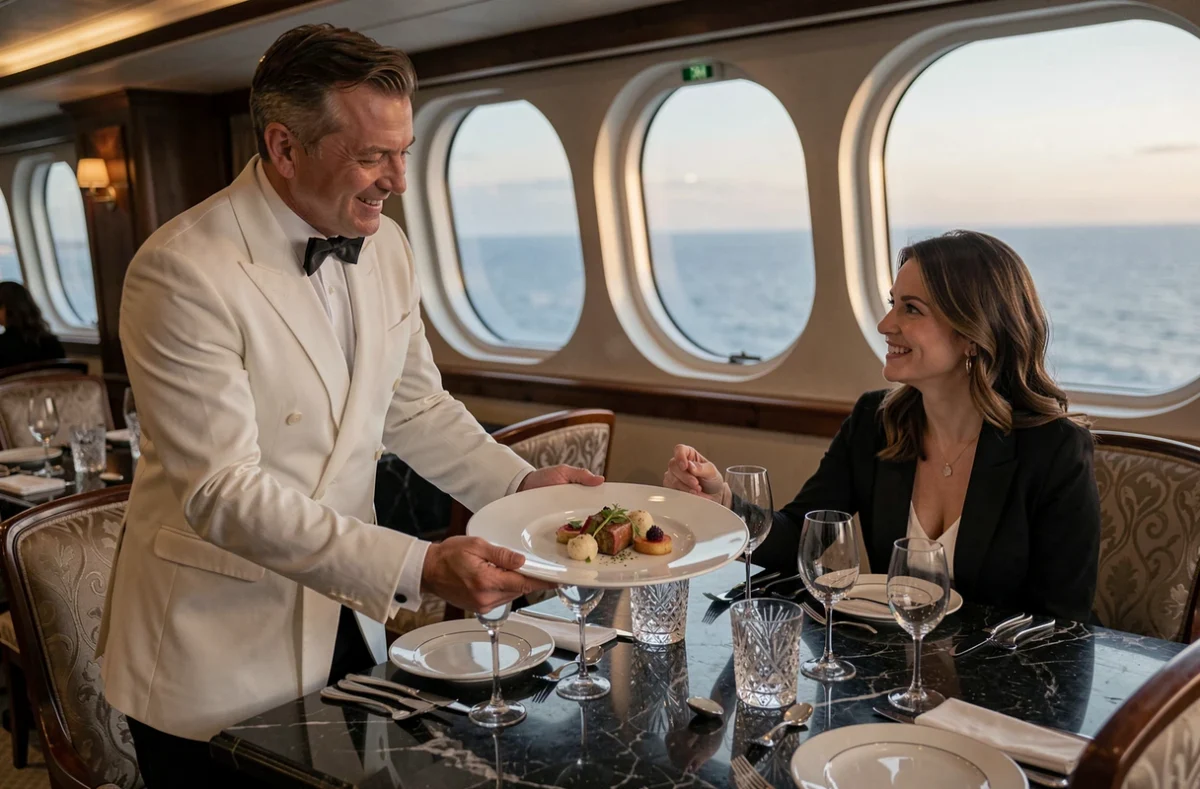 Service gastronomique raffiné dans le restaurant d'un paquebot de croisière de luxe avec présentation d'un plat élaboré