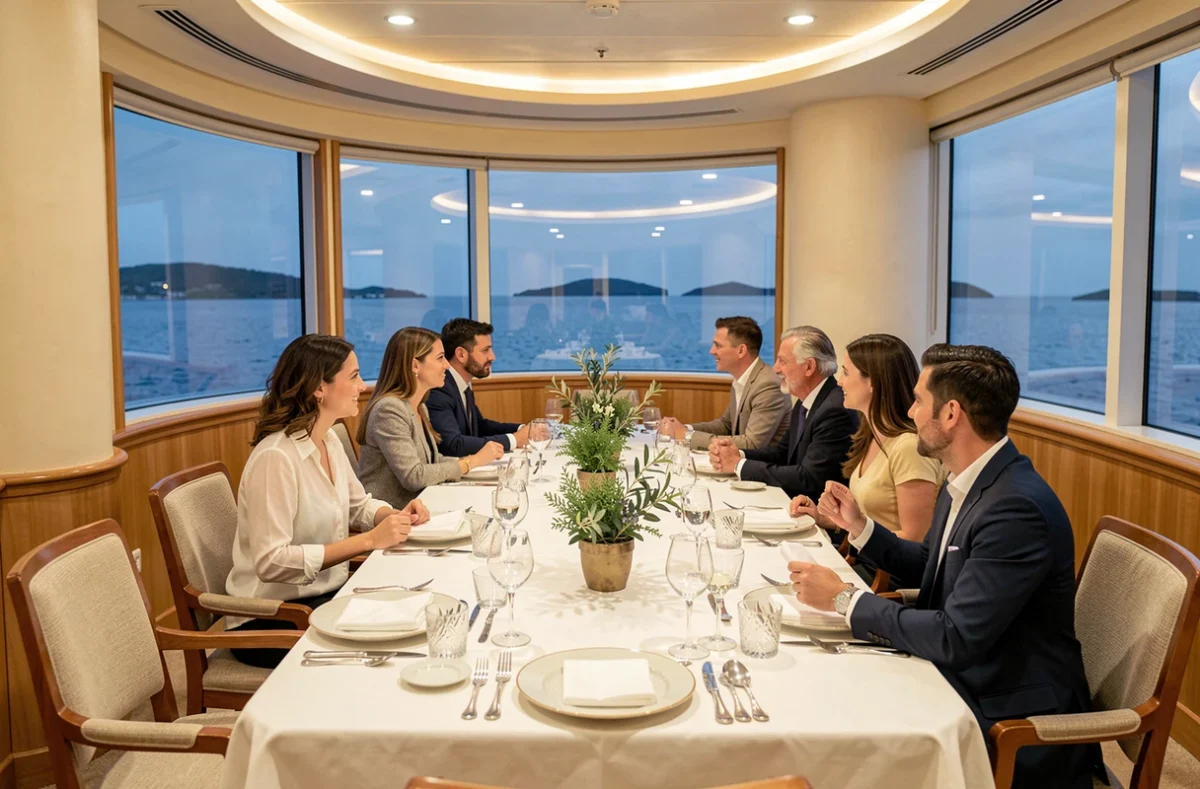 Salle à manger élégante d'un bateau de croisière en Méditerranée avec passagers attablés au dîner