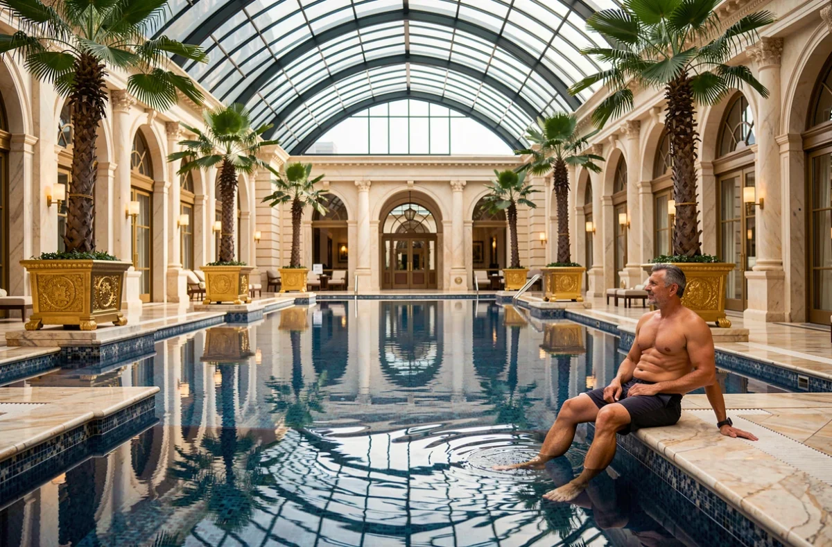 Piscine intérieure avec plafond voûté en verre au Royal Palace Hotel et Spa