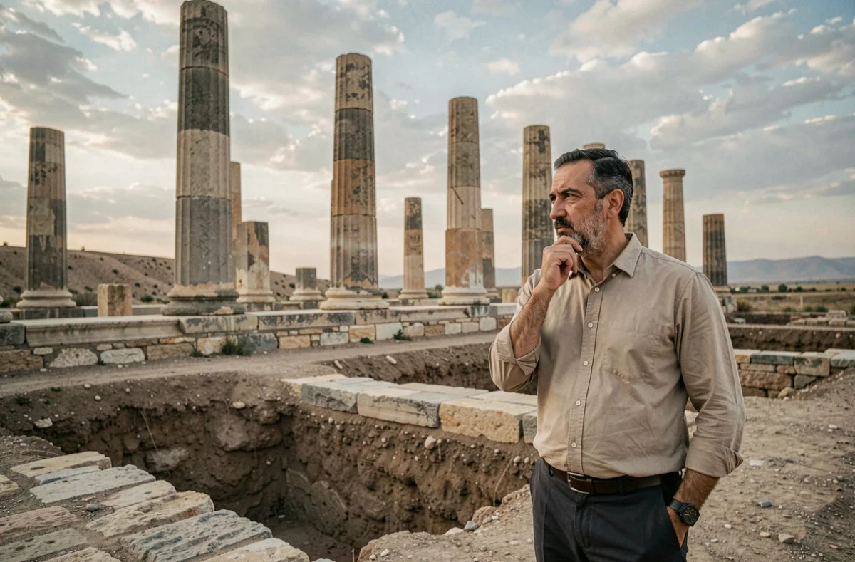 Voyageur admirant les ruines archéologiques d'Hegmataneh à Hamadan lors d'un road trip depuis Téhéran
