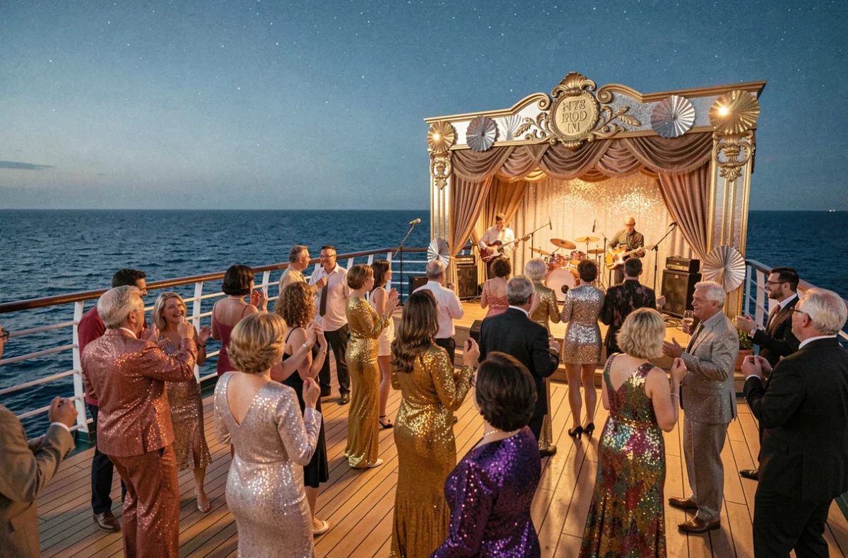 Soirée festive rétro années 70 sur le pont d'un bateau de croisière hommage à Claude François