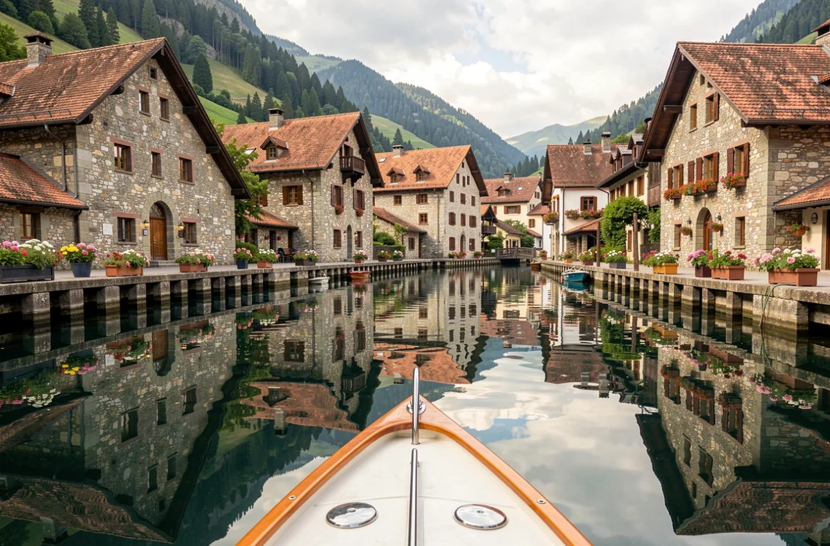 Vue panoramique du village de Chanaz depuis un bateau de croisière sur l'eau