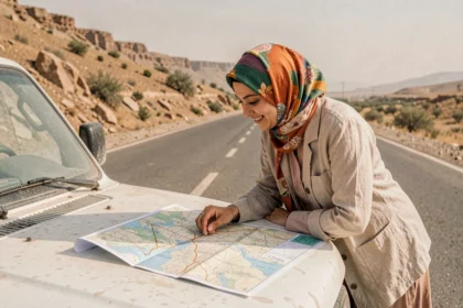Voyageuse consultant une carte routière sur le capot d'un SUV lors d'un road trip entre Téhéran et Hamadan en Iran