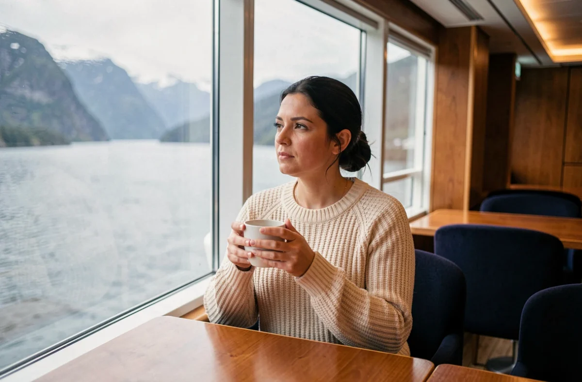 Voyageuse contemplant le paysage des fjords depuis la salle à manger d'un paquebot de croisière