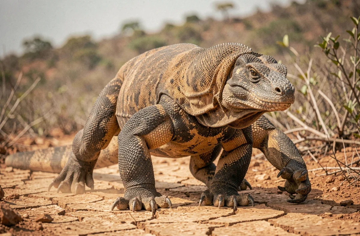 Gros plan d'un dragon de Komodo marchant sur un sentier rocailleux de l'île Rinca en Indonésie, détail des écailles et des griffes
