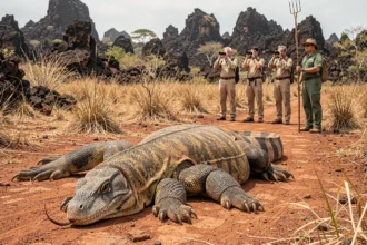 Touristes observant un dragon de Komodo à distance sécurisée dans le parc national de Komodo en Indonésie, accompagnés d'un guide ranger