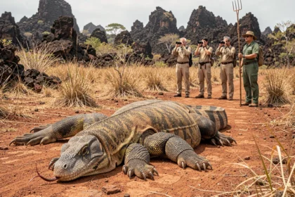 Touristes observant un dragon de Komodo à distance sécurisée dans le parc national de Komodo en Indonésie, accompagnés d'un guide ranger